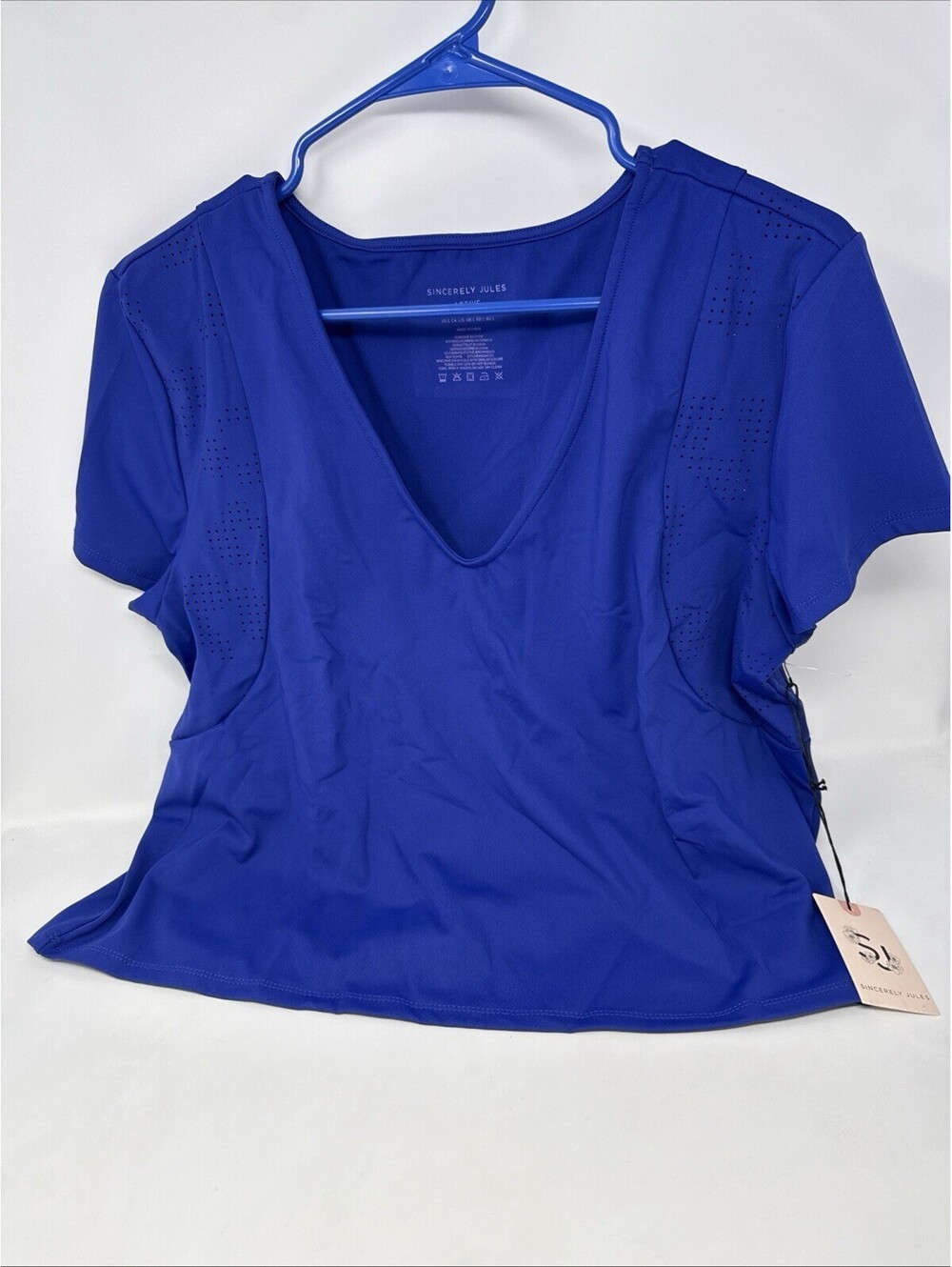NWT Sincerely Jules Active Womens Large Cropped  Blue Workout Top Shirt stretch